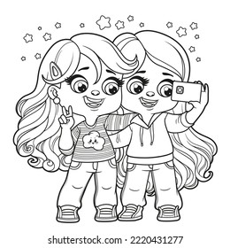 Cute cartoon two long haired girls taking a selfie with smartphone outlined for coloring page on white background