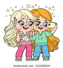 Cute cartoon two long haired girls taking a selfie with smartphone outlined for coloring page on white background