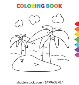 cute cartoon two palm trees on island coloring book for kids. black and white vector illustration for coloring book. two palm trees on island concept hand drawn illustration