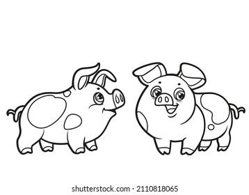 Cute cartoon two pigs outlined for coloring book on white background