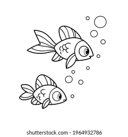 Cute cartoon two sea fishes outlined for coloring page isolated on white background