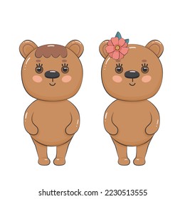 Caricatura educada de dos osos de peluche de pie. Ilustración vectorial para diseños infantiles aislados en blanco.