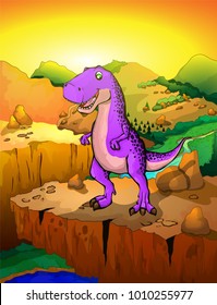 Cute cartoon tyrannosaur with landscape background. Vector illustration of a cartoon dinosaur.