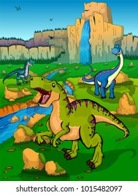 Cute cartoon Tyrannosaurus, Diplodocus and velociraptor on the background of nature. Vector illustration of a cartoon dinosaurs.