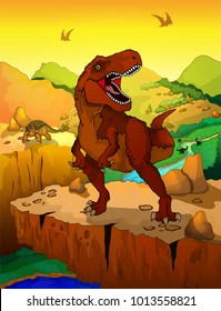 Cute cartoon tyrannosaurus with landscape background.