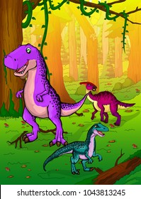 Cute cartoon Tyrannosaurus, parasaurolophus and velociraptor on the background of nature. Vector illustration of a cartoon dinosaurs.