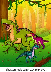 Cute cartoon Tyrannosaurus, parasaurolophus and velociraptor on the background of nature. Vector illustration of a cartoon dinosaurs.