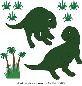 Cute cartoon tyrannosaurus. Set of vector illustrations in cartoon style