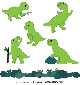 Cute cartoon tyrannosaurus. Set of vector illustrations in cartoon style