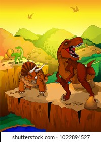 Cute cartoon tyrannosaurus and triceratops with landscape background. Vector illustration of a cartoon dinosaurs.