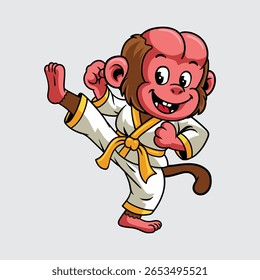 Cute cartoon Uakari in a karate uniform performs a high kick martial arts character illustration