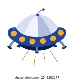 Cute cartoon UFO spaceship with light in simple childish style. Flying saucer of alien, extraterrestrial creature for transportation and discovering cosmos. Astronomy clipart isolated on background.