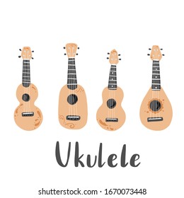 Cute cartoon ukulele for summer poster, card design. Little guitar, string music instrument of hawaii style. Vector illuatration of simple hand drawn style.