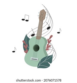 Cute cartoon ukulele for summer poster, card design with sheet music signs and plant. Little guitar, string music instrument of hawaii style. Vector illuatration of simple hand drawn style.
