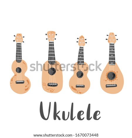 Cute cartoon ukulele for summer poster, card design. Little guitar, string music instrument of hawaii style. Vector illuatration of simple hand drawn style.