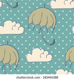 Cute cartoon umbrella and cloud seamless pattern on polka dots background