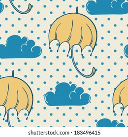 Cute cartoon umbrella and cloud seamless pattern on polka dots background