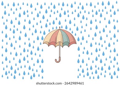 Cute cartoon umbrella with falling raindrops vector illustration in pastel colors, perfect for rainy day backgrounds, kids wall art, nursery decor, and seamless weather patterns
