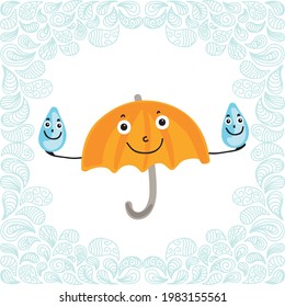 Cute cartoon umbrella with water drops. Vector illustration