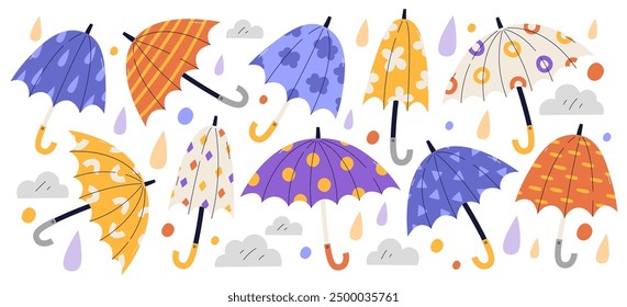 Cute cartoon umbrellas collection with different colorful pattern for rainy weather season. Parasol set accessory for walk under rain with geometric and floral creative design vector illustration