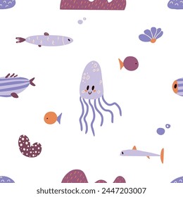 Cute cartoon undersea creatures seamless pattern. Deep sea ocean repeating background. Summer funny print. Flat vector illustration