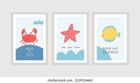 Cute cartoon undersea world. Deep Ocean or sea  with  fish, crab, stars, aquatic plants. Vector illustration