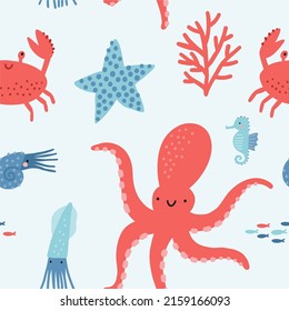 Cute cartoon undersea world. Deep Ocean or sea  with  fish, octopus, crab, seashells,  stars, sea horse, aquatic plants. Vector seamless patten