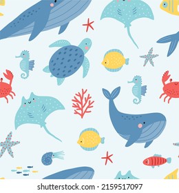 Cute cartoon undersea world. Deep Ocean or sea with fish, octopus, crab, whales, narwhals, seashells, stars, cramp-fish, aquatic plants. Vector seamless pattern