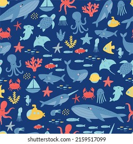 Cute cartoon undersea world. Deep Ocean or sea with fish, octopus, crab, whales, narwhals, seashells, stars, cramp-fish, aquatic plants. Vector seamless pattern