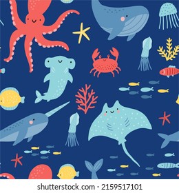 Cute cartoon undersea world. Deep Ocean or sea with fish, octopus, crab, whales, narwhals, seashells, stars, cramp-fish, aquatic plants. Vector seamless pattern