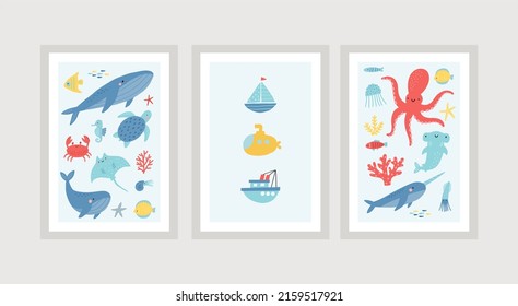 Cute cartoon undersea world. Deep Ocean or sea with fish, octopus, crab, submarines, whales, narwhals, seashells, shark, stars, ship, aquatic plants. Vector illustration