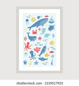 Cute cartoon undersea world. Deep Ocean or sea with fish, octopus, crab, submarines, whales, narwhals, seashells, shark, stars, ship, aquatic plants. Vector illustration