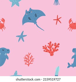 Cute cartoon undersea world. Deep Ocean or sea  with cramp-fish, fish, crab, stars, aquatic plants. Vector seamless pattern