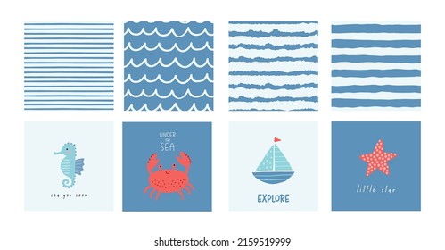 Caricatura sutil en el mundo submarino. Océano profundo o mar con pescado, cangrejo, estrellas, caballo de mar, barco. Patrón transparente del vector