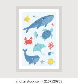 Cute cartoon undersea world. Deep Ocean or sea with fish, crab, whales,  seashells, stars, ship, sea horse, cramp-fish, aquatic plants. Vector illustration