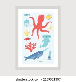 Cute cartoon undersea world. Deep Ocean or sea with fish, octopus, crab, submarines, whales, narwhals, seashells, shark, stars, ship, aquatic plants. Vector illustration