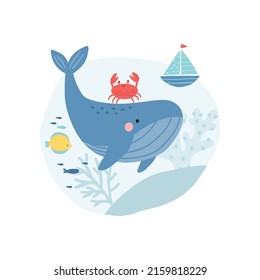 Cute cartoon undersea world. Deep Ocean or sea with fish, crab, whales, stars, ship, aquatic plants. Vector illustration