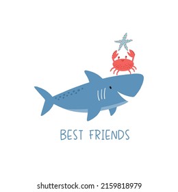 Cute cartoon undersea world. Deep Ocean or sea with starfish, shark, stars, crab. Vector illustration