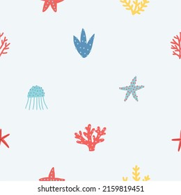 Cute cartoon undersea world. Deep Ocean or sea with aquatic plants. Vector seamless pattern