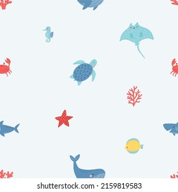 Cute cartoon undersea world. Deep Ocean or sea with fish, crab,  whales, narwhals, seashells, shark, stars, turtle, aquatic plants. Vector seamless pattern