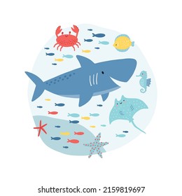 Cute cartoon undersea world. Deep Ocean or sea with fish, crab, cramp-fish, shark, stars, aquatic plants. Vector illustration