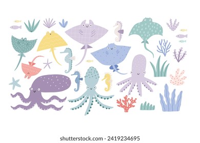  Cute cartoon undersea world. Deep Ocean or sea with fish, octopus, stingray, seashells, shark, stars, sea horse, aquatic plants. Vector illustration