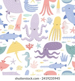 Cute cartoon undersea world. Deep Ocean or sea with fish, octopus, stingray, seashells, shark, stars, sea horse, aquatic plants. Vector seamless pattern