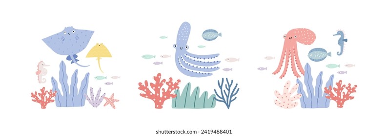  Cute cartoon undersea world. Deep Ocean or sea with fish, octopus, stingray, seashells, shark, stars, sea horse, aquatic plants. Vector border in flat style