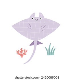 Cute cartoon undersea world. Deep Ocean or sea with stingray, seashells, stars, aquatic plants. Vector illustration in flat style	
