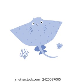 Cute cartoon undersea world. Deep Ocean or sea with stingray, seashells, stars, aquatic plants. Vector illustration in flat style	

