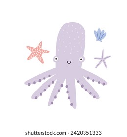 Cute cartoon undersea world. Deep Ocean or sea with octopus, seashells, stars, aquatic plants. Vector illustration in flat style	
