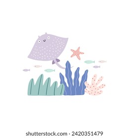 Cute cartoon undersea world. Deep Ocean or sea with stingray, seashells, stars, aquatic plants. Vector illustration in flat style	
