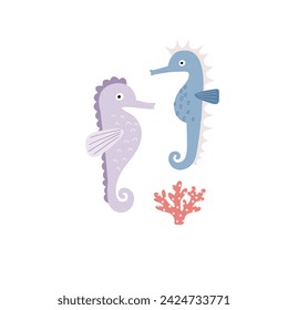 Cute cartoon undersea world. Deep Ocean or sea with sea horse, seashells, stars, aquatic plants. Vector illustration in flat style	
