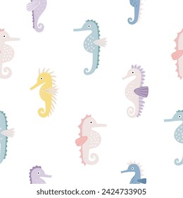 Cute cartoon undersea world. Deep Ocean or sea with sea horse, seashells, stars, aquatic plants. Vector seamless pattern in flat style	